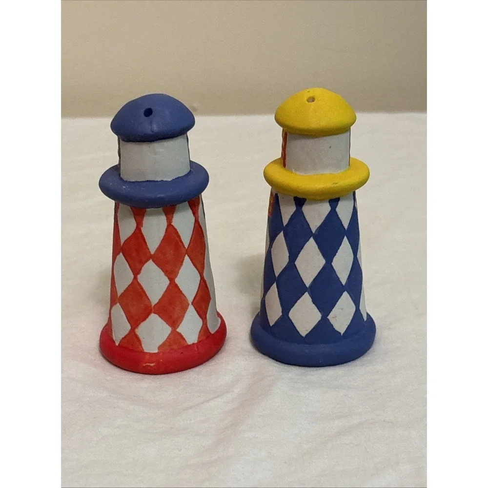 Lighthouse Salt and Pepper Shakers Set Ceramic Nautical Harlequin Decor 3.5in